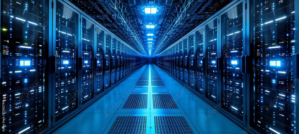 Poster server room with blue light ambient. generative ai technology.