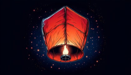 Obraz premium Cartoon style illustration of a sky lantern glowing against a dark background.