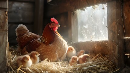 Mother hen with her chicks in a cozy barn, basking in sunlight. rustic farm scene captures the essence of country life. AI