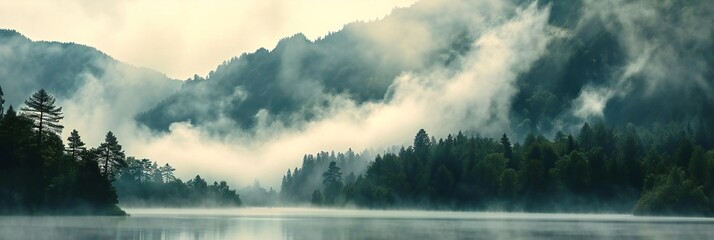 Lake panorama in a foggy morning with glaciers mountain and reflection - obrazy, fototapety, plakaty