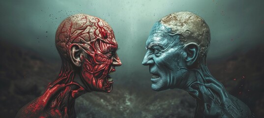 Two different angry personalities. Red versus blue. Political party choice. Generative AI technology. - obrazy, fototapety, plakaty