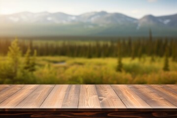 The empty wooden table top with blur background of Alaska nature. Exuberant image. generative ai
