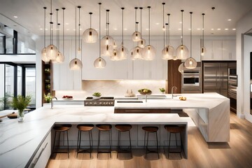 Fototapeta na wymiar Elevated view capturing the exquisite arrangement of pendant lights in a modern, well-lit kitchen space