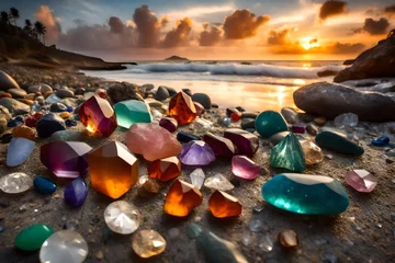 Foto op Canvas Multi colored gemstones and crystals at beach sunset © Hamza
