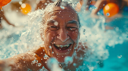 Fototapeta na wymiar A cheerful elderly man with glasses shares a joyful moment while swimming with friends in a sunlit pool.