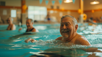 A cheerful elderly man with glasses shares a joyful moment while swimming with friends in a sunlit pool.