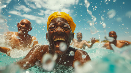 A cheerful elderly man with glasses shares a joyful moment while swimming with friends in a sunlit pool. - obrazy, fototapety, plakaty