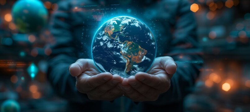 Hands holding a digital world globe. Technology global network connection concept. Generative AI technology.