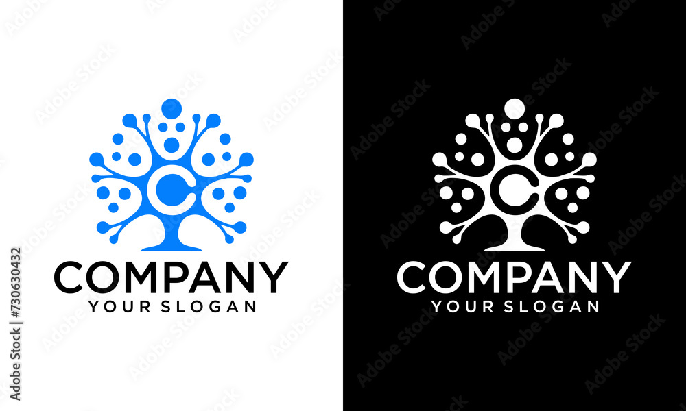 Poster letter c with tree technology network connection creative vector logo. digital tree logotype concept