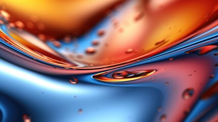 The close up of a glossy liquid surface abstract in red, yellow, and blue colors with a soft focus. 3D illustration of exuberant. generative AI