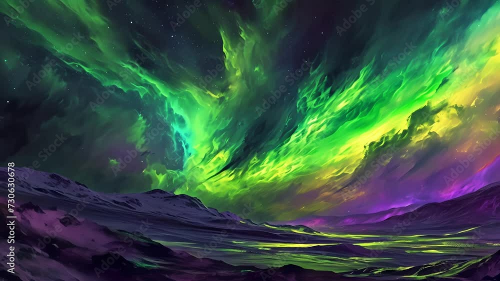 Wall mural a neon purple and green aurora dancing across a neon yellow sky.