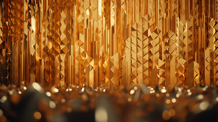 Abstract gold background with fir tree trunks, cinematic style, geometric shapes, and kinetic installations.
