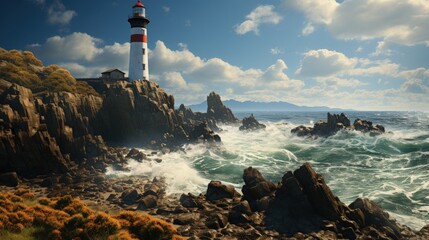 A small, isolated lighthouse on a rocky coast