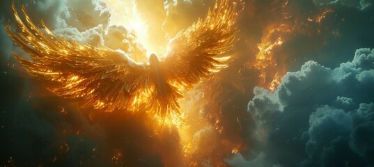 Magical phoenix immortal bird flying. Mythology creature concept. Generative AI technology.