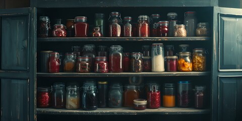 Rustic kitchen shelves filled with assorted jars of spices and preserves, home cooking essentials. cozy culinary background. AI - obrazy, fototapety, plakaty
