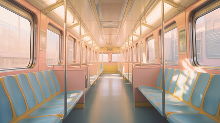 아침 햇살이 비추는 한적한 지하철 내부 - obrazy, fototapety, plakaty