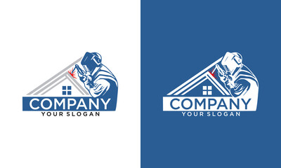 Creative welder Roofing house vector logo, welding company. Black and white illustration of a welder in work clothes.