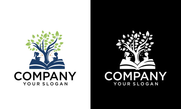 Creative Child care. Tree logo. Abstract, balance, education and life design template. Child  reading under smart brain tree, fun education logo symbol design illustration inspiration