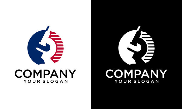 Creative Microscope in circle logo. Symbol of science, chemistry, pharmaceutical instrument, microbiology magnifying tool. Flat style for graphic design template. Suitable for logo, web, UI, mobil