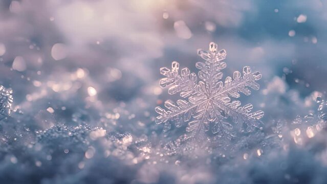 The intricate details of a snowflake magnified under a gentle light and surrounded by a hazy mist capturing the beauty and tranquility of a winter whisper.