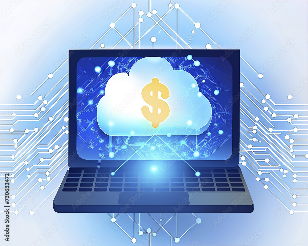 Poster cloud computing technology concept with laptop computer and dollar sign on blue background