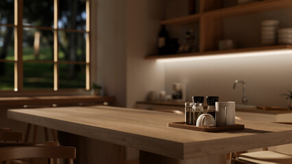 Close-up image of a hardwood dining table in a modern, Scandinavian kitchen.