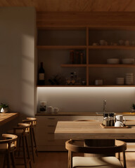 A modern, cosy kitchen with a hardwood dining table, kitchen counters, and a kitchen wall cabinet.