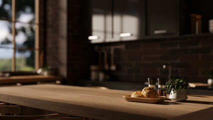 A space for displaying your product on a hardwood dining table in a modern, dark kitchen.
