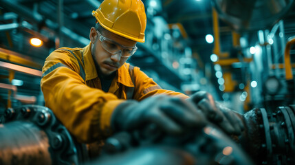 A professional engine room technician in a hard hat is focused on adjusting complex machinery aboard a ship.