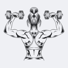 Fitness girl hand rising with a gym dumble vector graphic illustration
