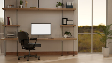 Interior design of a modern, minimalist home office workspace with a computer mockup on a table