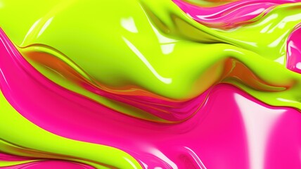 The close up of a glossy liquid surface in bright lime green and hot pink colors with a soft focus. 3D illustration of exuberant. generative AI