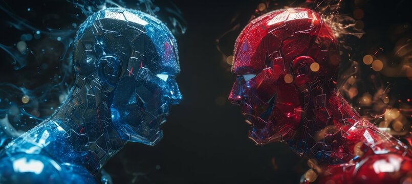 Fototapeta Political superheroes. Red versus blue. Generative AI technology.