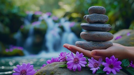 Obraz na płótnie Canvas A hand holding a stack of zen stones, surrounded by purple flowers, with a blurred waterfall in the background, creating a tranquil and serene scene.