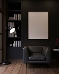 Modern black living room with a black leather armchair, a floor lamp, and a frame mockup on the wall