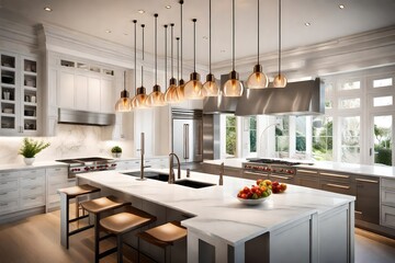 Elevated view capturing the exquisite arrangement of pendant lights in a modern, well-lit kitchen space