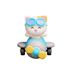 3D cute cat driving airplane, cartoon animal character, 3d rendering.