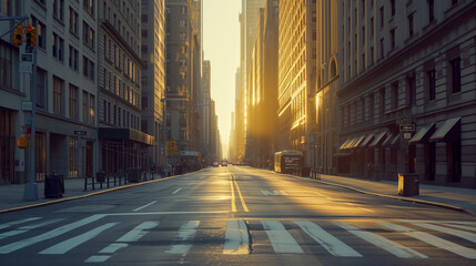 A sunlit empty street with tall buildings and a zebra crossing in the city at dawn