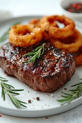 A steak served with peppercorn sauce and accompanied by onion rings, presented on a white background.