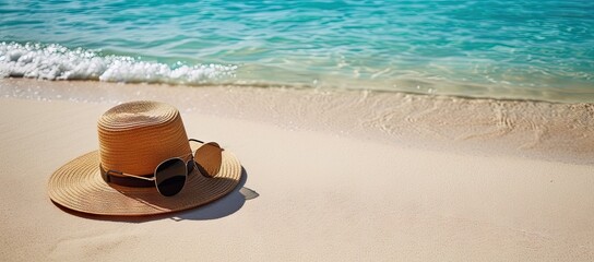 Sunglasses and sun hat casually placed on sandy beach capturing essence of summer vacation and relaxation scene sets mood for leisurely travel and tropical holidays with sea and sky in background