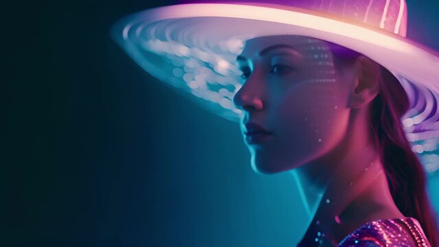 A shimmering holographic image of a model sporting a chic hat with integrated solar panels allowing for onthego charging of IoTenabled devices.