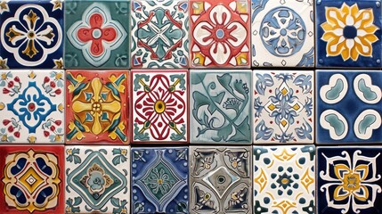 Beautiful colourful handmade ceramic tile with various ornament.