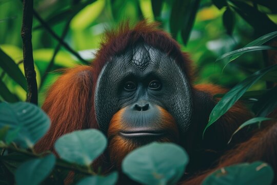 A picture of an orangutan in a jungle.