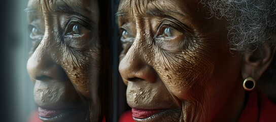 Elderly woman's reflective portrait by window. contemplative gaze, warm light. emotional depth captured in a thought-provoking image. AI