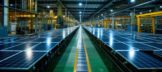 Fototapeta na wymiar Solar panel factory manufacture production. Generative AI technology. 