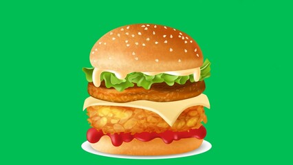 Cartoon Burger Illustration On Green Screen Background