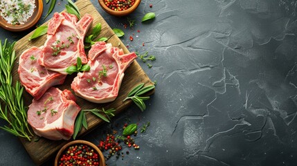 Raw pork chops with spices and herbs on wooden cutting board over grey background,copy space. 