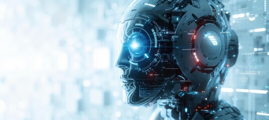 Futuristic humanoid cyborg. Intelligence smart machine robot. Generative AI technology.