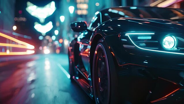 A slowmotion shot captures the intense reflection of the city lights on the sharp angular headlights of a street racing car creating a mesmerizing and dynamic visual.