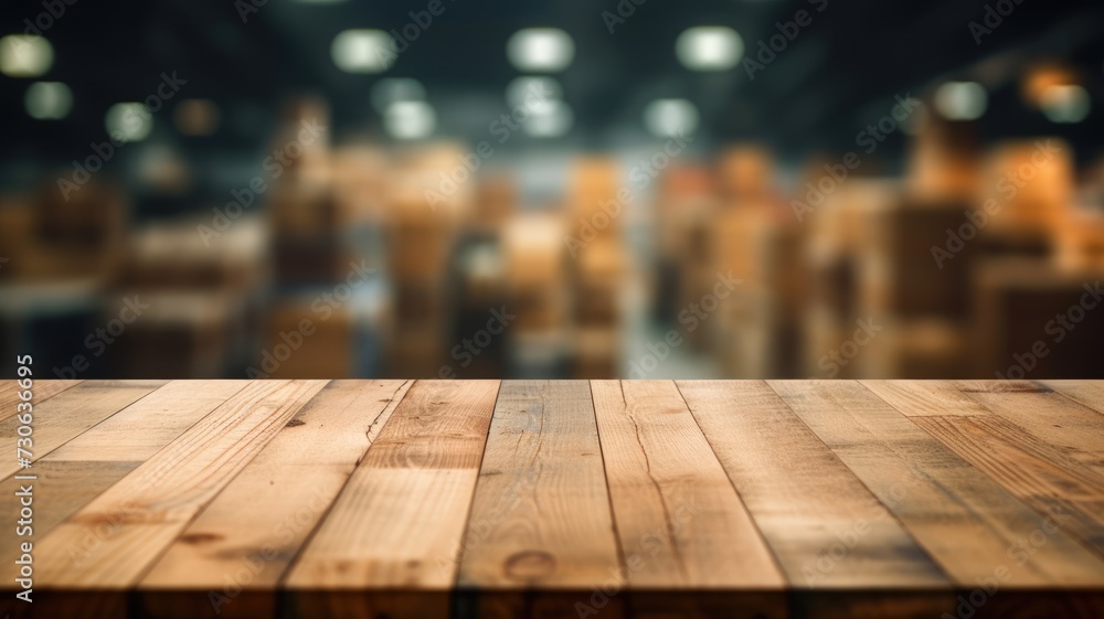 Poster the empty wooden table top with blur background of warehouse storage. exuberant image. generative ai